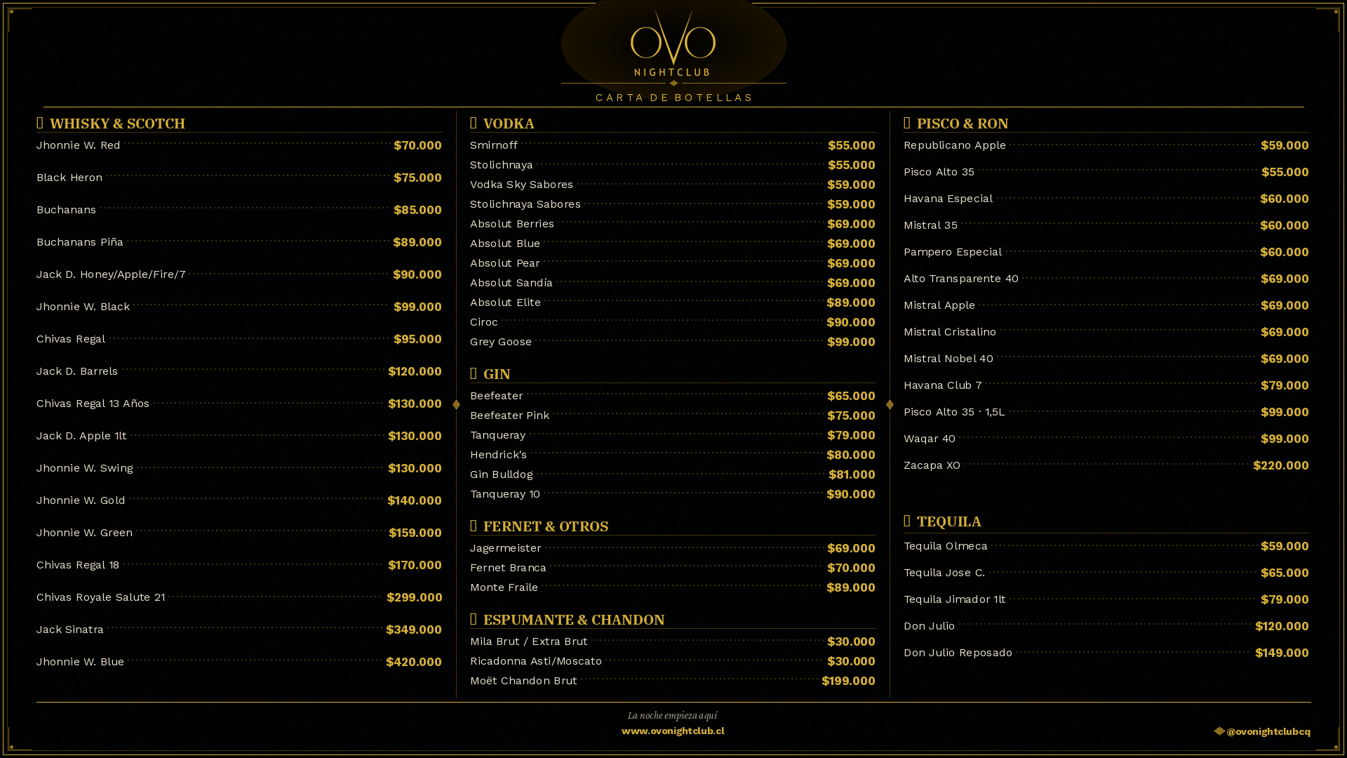 Carta de Botellas OVO Night Club