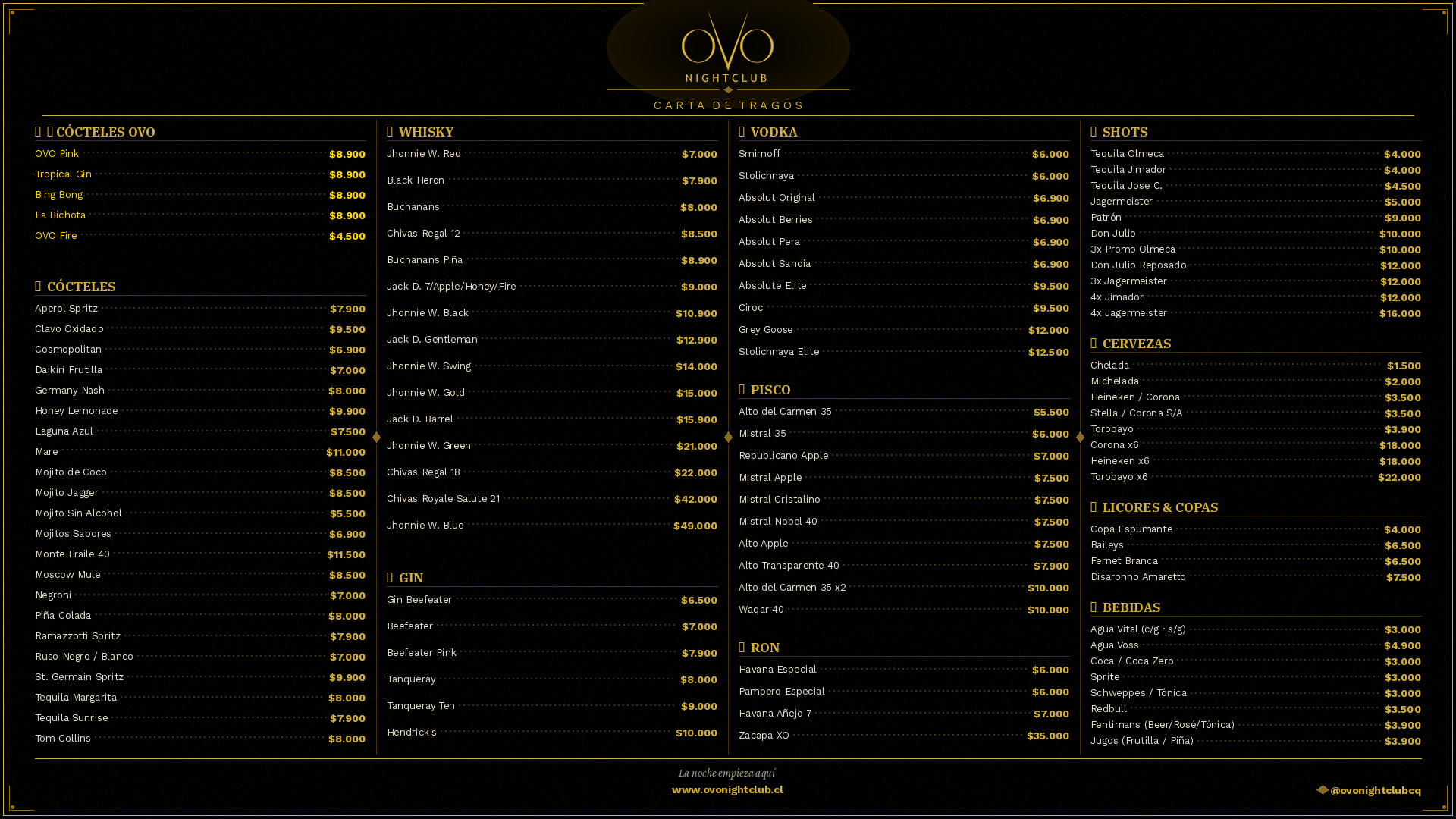 Carta de Tragos OVO Night Club